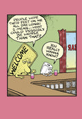 Humorous greeting card front featuring a cartoon doormat and toilet paper roll discussing their woes at a bar, perfect for a funny milestone celebration.