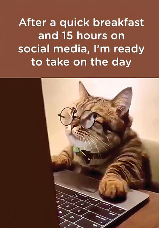 Cat wearing round glasses intently looking at a laptop computer, with a humorous caption about social media.