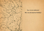 Inside of a humorous greeting card showing an antique map on the left and text 'See, we are outdoorsy! Have an adventurous birthday!' on the right, suitable for a lighthearted celebration.