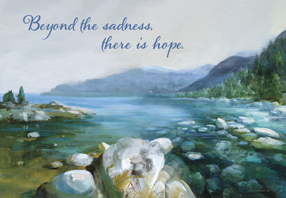 Serene watercolor landscape greeting card with mountains, clear blue lake, and inspirational message 'Beyond the sadness, there is hope' for comfort.