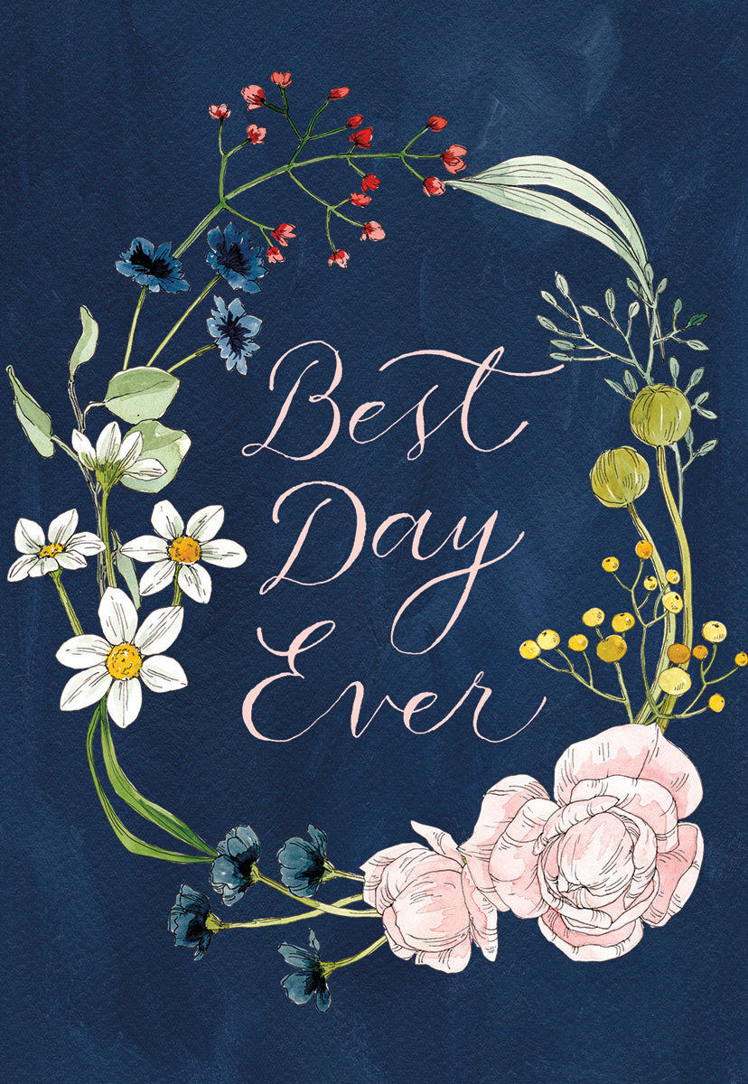 Elegant navy blue greeting card for couples, featuring a delicate watercolor floral wreath in shades of pink, white, and blue, encircling the script message 'Best Day Ever'.