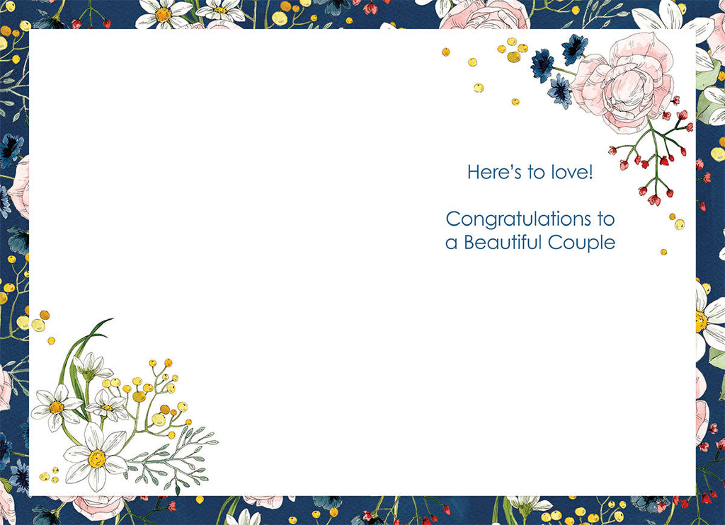 Interior view of a heartfelt congratulatory card with a navy blue and watercolor floral border, displaying the pre-printed message 'Here's to love! Congratulations to a Beautiful Couple' in elegant script.