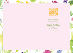 Inside of a floral sister birthday card with a light pink background, watercolor flower border, and loving message 'Happy Birthday to My Wonderful Sister' in elegant script.