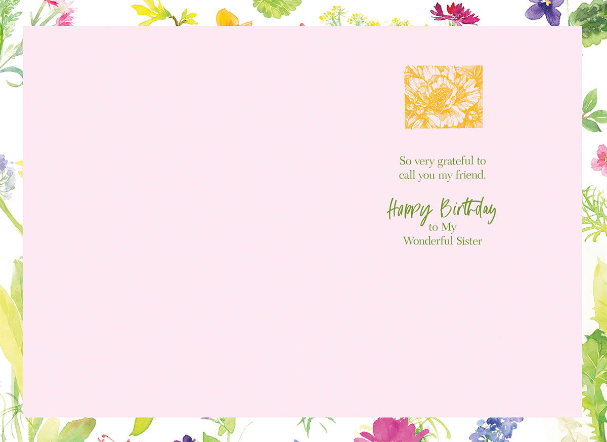 Inside of a floral sister birthday card with a light pink background, watercolor flower border, and loving message 'Happy Birthday to My Wonderful Sister' in elegant script.