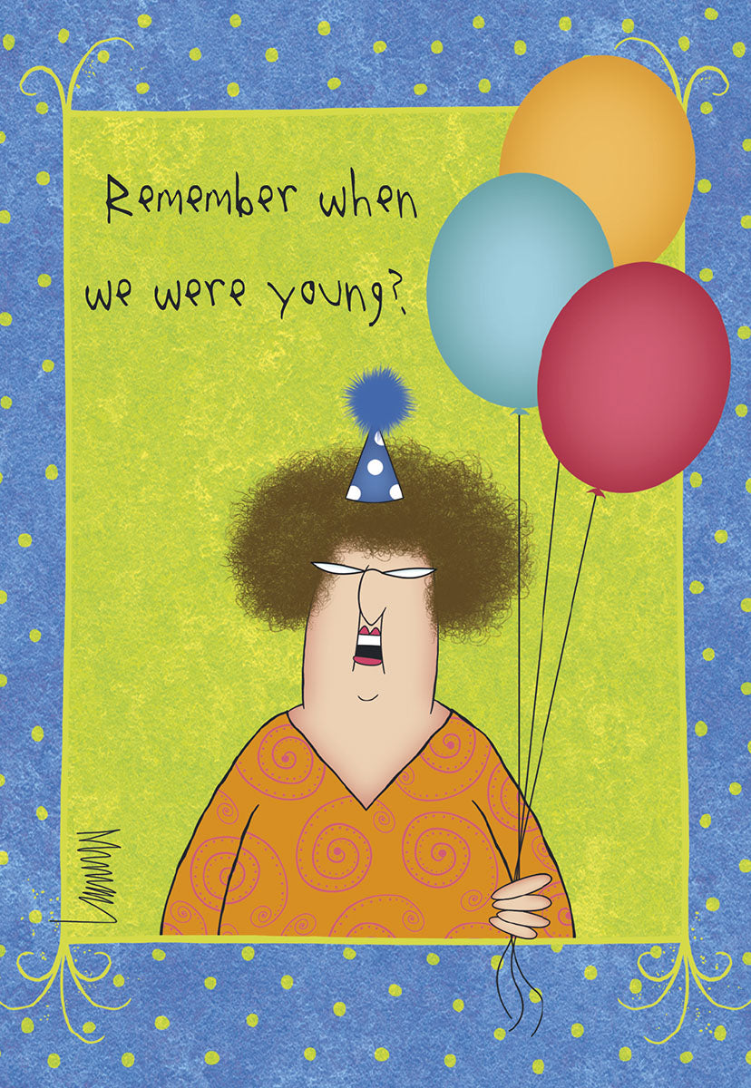 Woman with Party Hat Holding 3 Balloons Birthday Card