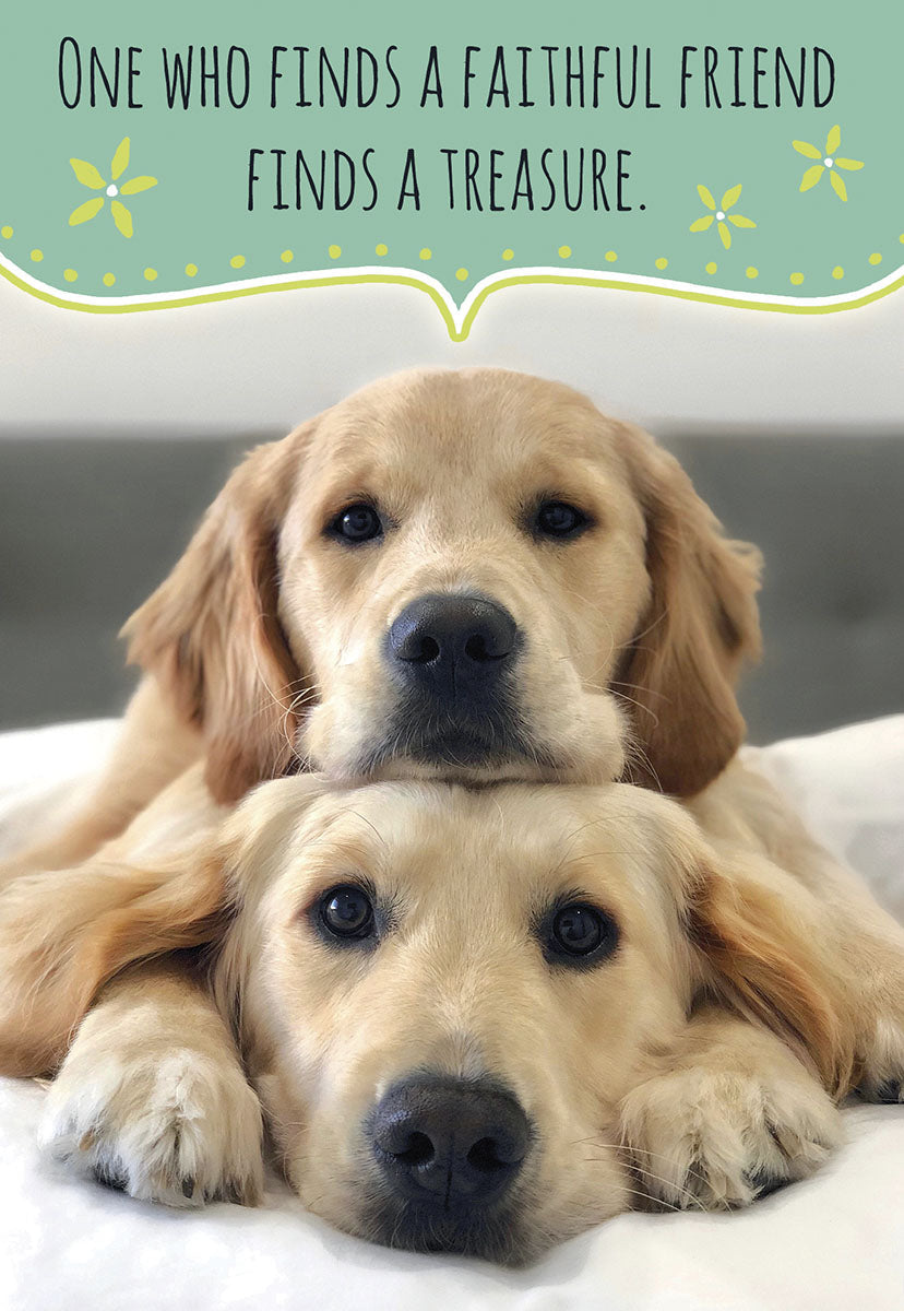 Two adorable Golden Retriever puppies, one resting on the other, gaze directly at the camera. A light green speech bubble above them reads 'ONE WHO FINDS A FAITHFUL FRIEND FINDS A TREASURE.' Yellow flowers accent the design.