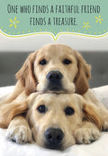Two adorable golden retriever puppies stacked on top of each other, one resting its head on the other's back, both looking forward. Above them, a green speech bubble reads 'ONE WHO FINDS A FAITHFUL FRIEND FINDS A TREASURE.' with yellow flower illustrations. The image promotes friendship and loyalty, perfect for a heartwarming greeting card.