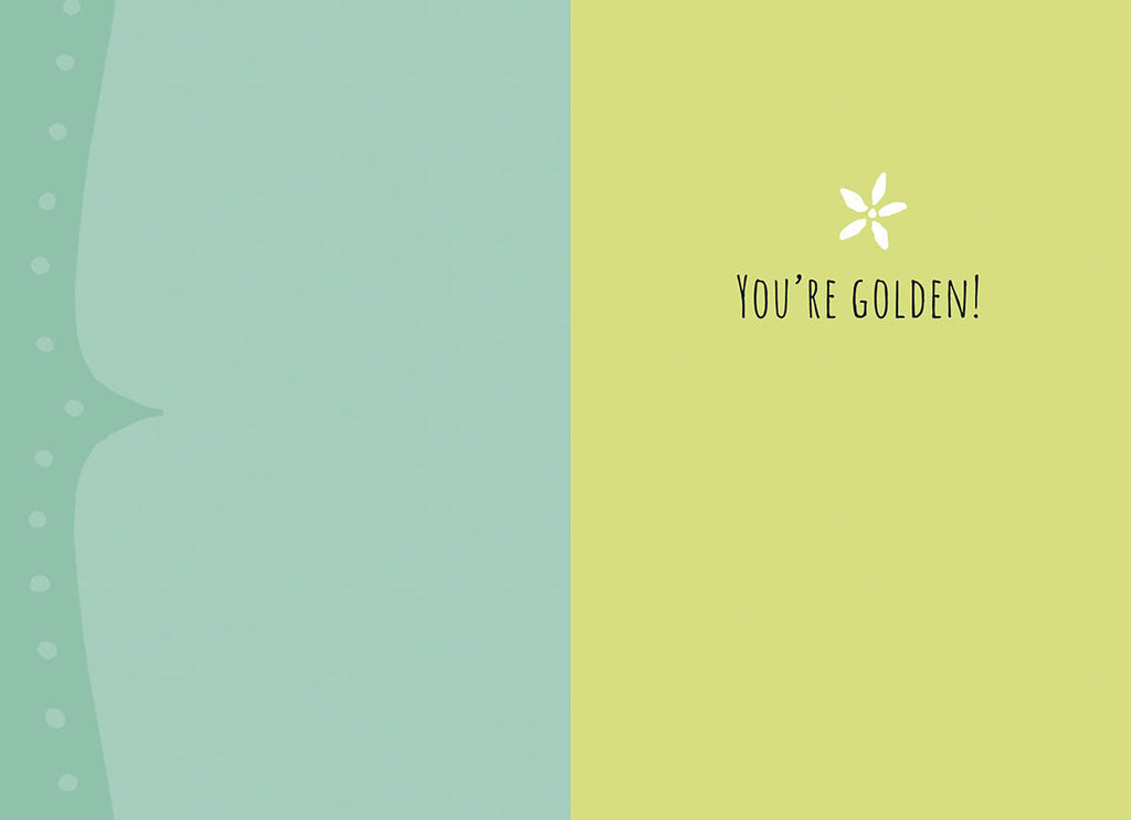 Inside of a friendship greeting card, showing a split design. The left side is a plain pastel blue-green. The right side is a cheerful pastel yellow-green with a small white floral graphic and the bold black text 'YOU'RE GOLDEN!'. This image highlights the encouraging and positive message within the card.