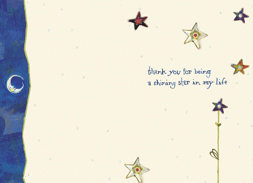 Inside of a thoughtful thank you card with a cream background, small star illustrations, and a blue textured border. Handwritten message says 'thank you for being a shining star in my life.' Perfect for a cherished pal.