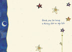Inside of a thoughtful thank you card with a cream background, small star illustrations, and a blue textured border. Handwritten message says 'thank you for being a shining star in my life.' Perfect for a cherished pal.