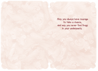 Inside of the encouragement greeting card with a light pink lace background texture. The card's inspiring and playful message reads: "May you always have courage to take a chance, and may you never find frogs in your underpants."