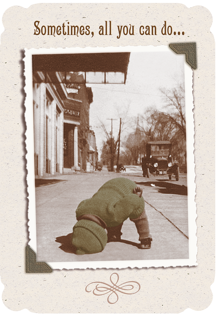 Vintage encouragement greeting card featuring an antique photo of a child in a green sweater bowing their head on a street sidewalk with classic cars and buildings, text reads 'Sometimes, all you can do...'