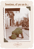 Vintage encouragement greeting card featuring an antique photo of a child in a green sweater bowing their head on a street sidewalk with classic cars and buildings, text reads 'Sometimes, all you can do...'