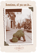 Vintage encouragement greeting card featuring an antique photo of a child in a green sweater bowing their head on a street sidewalk with classic cars and buildings, text reads 'Sometimes, all you can do...'