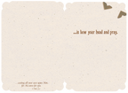 Inside of a religious greeting card with a simple, cream-colored background, displaying the spiritual message '...is bow your head and pray. casting all your care upon Him, for He cares for you. 1 Peter 5:7'