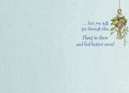 Inside of a lighthearted encouragement card for recovery, with text '...but you will get through this. Hang in there and feel better soon!' against a soft blue polka dot background.