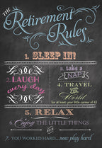 Chalkboard style greeting card front with 'The Retirement Rules' in decorative script, listing playful rules like 'Sleep In!', 'Laugh every day', 'Take a Nap', 'Travel the World', 'Relax', and 'You worked hard...now play hard' in various pastel colors.