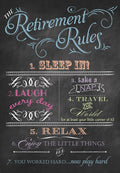 Chalkboard style greeting card with 'The Retirement Rules' list including 'Sleep In!', 'Laugh Every Day', 'Travel The World', and 'You worked hard...now play hard.' perfect for celebrating a new phase of life.