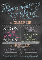 Chalkboard style greeting card with 'The Retirement Rules' list including 'Sleep In!', 'Laugh Every Day', 'Travel The World', and 'You worked hard...now play hard.' perfect for celebrating a new phase of life.