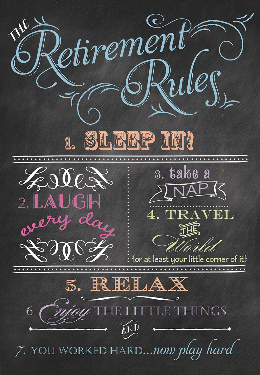 Chalkboard style greeting card with 'The Retirement Rules' list including 'Sleep In!', 'Laugh Every Day', 'Travel The World', and 'You worked hard...now play hard.' perfect for celebrating a new phase of life.