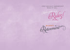Inside of a light purple greeting card reading 'AND THE MOST IMPORTANT RULE OF ALL... Make your own Rules! HAPPY Retirement' for a personalized send-off.