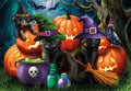 A vibrant Halloween greeting card featuring three black cats wearing witch hats amidst glowing jack-o'-lantern pumpkins, a purple cauldron bubbling with green potion, potion bottles, a broomstick, and two flying bats in a spooky forest setting. The main cat smiles, ready for festive fun.