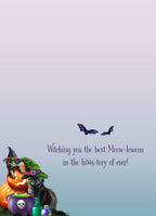 The inside of a Halloween greeting card with a whimsical gradient background. The bottom left features a reproduction of the front design with witch cats and pumpkins. The center displays the punny message: 'Witching you the best Meow-loween in the hisss-tory of ever!' with two small bats.