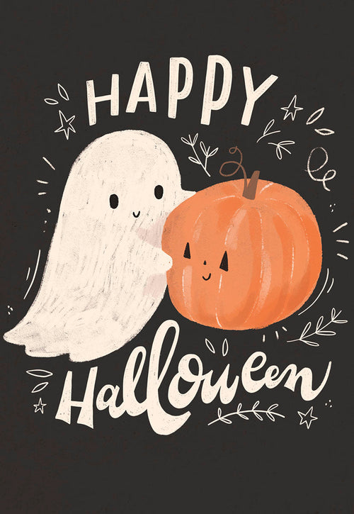 Adorable Halloween greeting card featuring a friendly white ghost hugging a smiling orange pumpkin, with 'Happy Halloween' in whimsical script on a dark background. Perfect for kids.