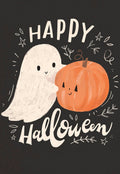 Cute animated ghost hugging a smiling pumpkin illustration on a dark background with 'Happy Halloween' text, ideal for a friendly greeting card.