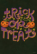 Front of a vibrant 'Trick or Treat' greeting card with decorative purple and orange lettering, flanked by two smiling jack-o'-lanterns and green vines, on a dark textured background.