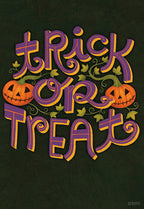 Front of a vibrant 'Trick or Treat' greeting card with decorative purple and orange lettering, flanked by two smiling jack-o'-lanterns and green vines, on a dark textured background.