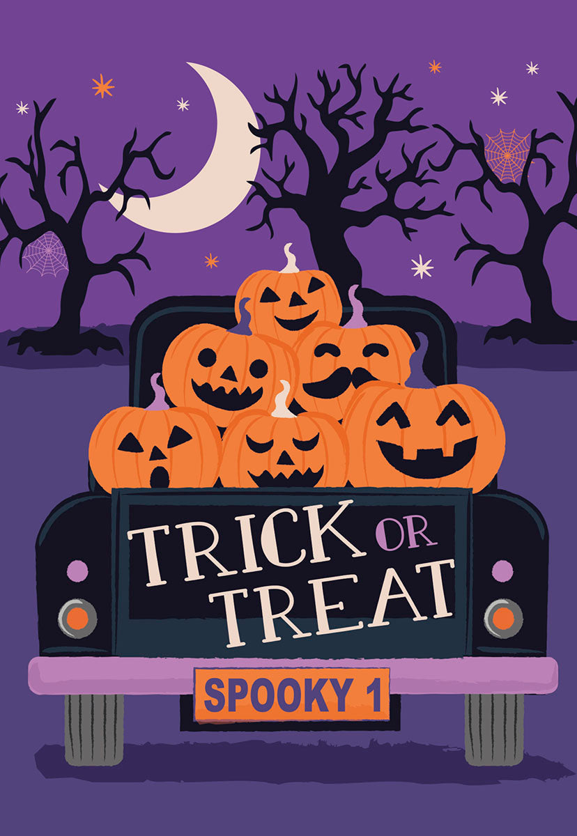 Cute Halloween greeting card featuring a vintage truck bed overflowing with smiling jack-o'-lanterns under a crescent moon and spooky trees against a purple night sky. The truck's tailgate reads 'TRICK OR TREAT'.