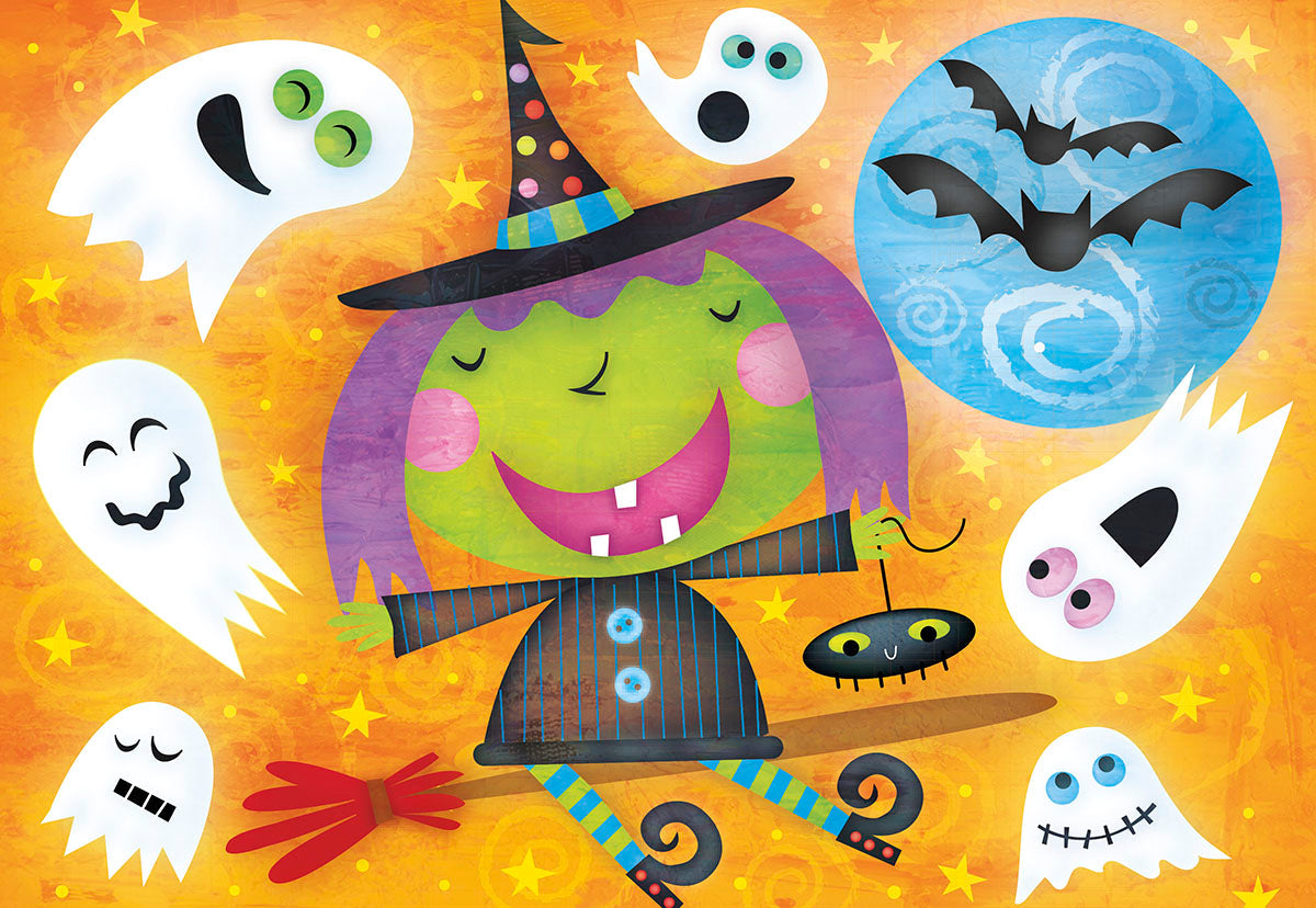 Front of a cute Halloween greeting card featuring a friendly cartoon witch with purple hair, green face, and a polka-dotted hat, flying on a broomstick. She is surrounded by five smiling white ghosts, three black bats, and yellow stars on a vibrant orange background with a blue moon.