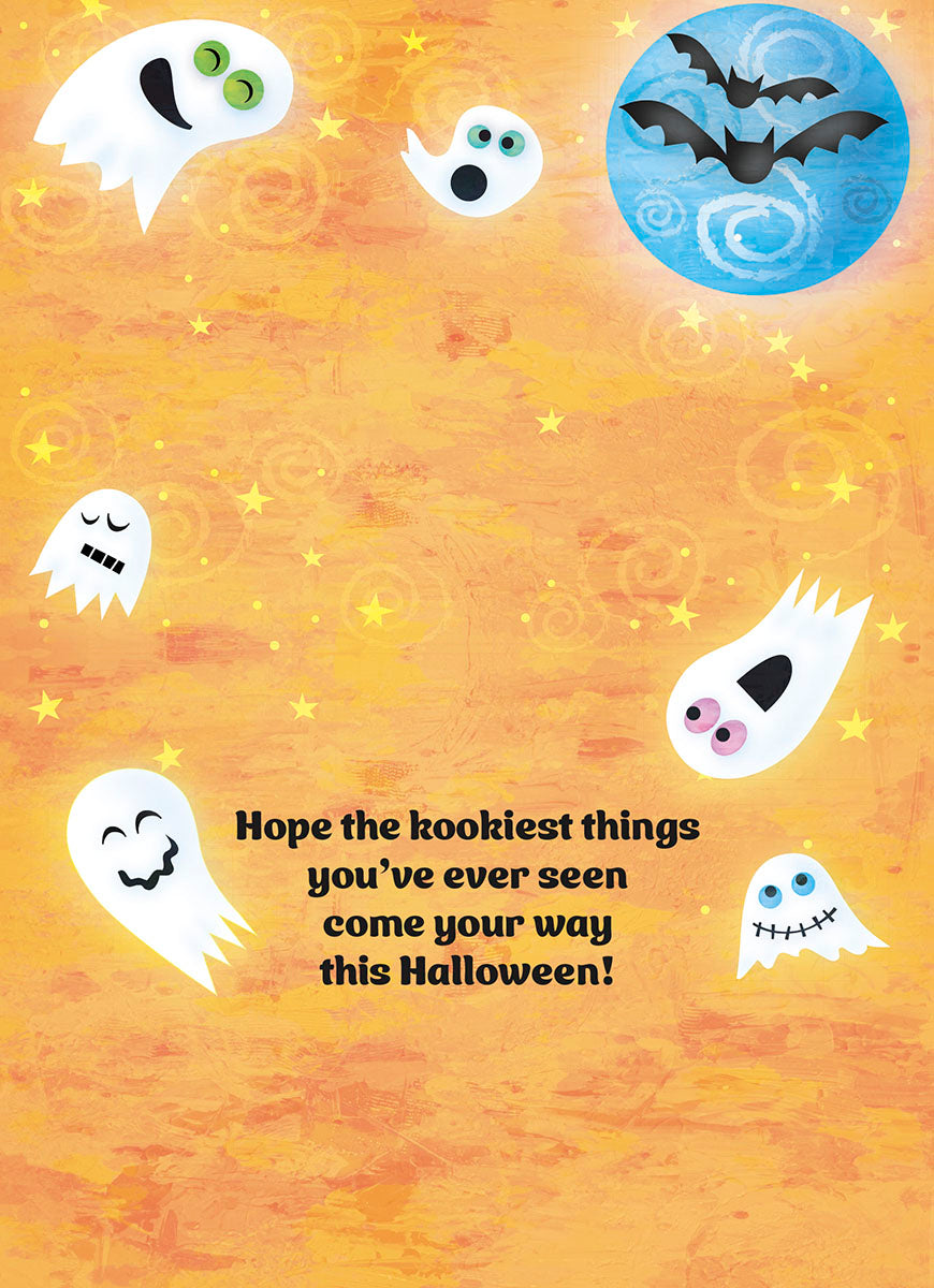 The inside of a whimsical greeting card featuring the message "Hope the kookiest things you've ever seen come your way this Halloween!" surrounded by playful white ghosts and scattered stars on a bright orange background.