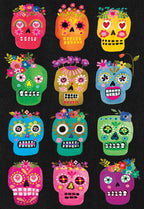 Vibrant sugar skull Halloween greeting card featuring a collection of colorful Day of the Dead inspired skulls adorned with flowers, perfect for a fun spooky season message.