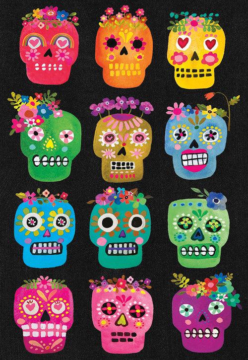 Vibrant sugar skull Halloween greeting card featuring a collection of colorful Day of the Dead inspired skulls adorned with flowers, perfect for a fun spooky season message.