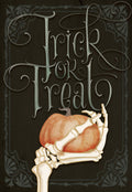 Front of a spooky greeting card featuring a skeleton hand holding an orange pumpkin, with 'Trick or Treat' in elegant, chilling typography against a dark, ornate background.