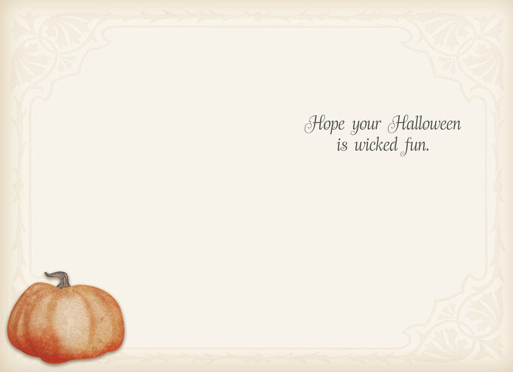 Interior of a Halloween greeting card with the message 'Hope your Halloween is wicked fun' in script, accompanied by a small watercolor pumpkin on a cream, vintage-patterned background.
