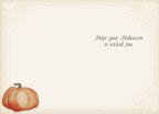 Interior of a Halloween greeting card with the message 'Hope your Halloween is wicked fun' in script, accompanied by a small watercolor pumpkin on a cream, vintage-patterned background.