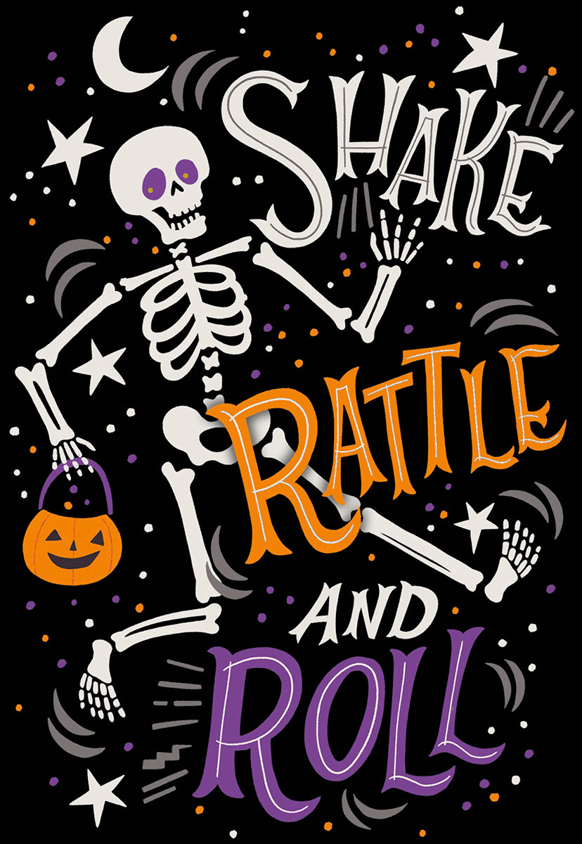 Skeleton Dancing with Pumpkin Basket Halloween Card