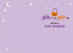 Inside of a light purple Halloween greeting card with scattered stars and dots, featuring the playful message 'Boogie your Booty off and have a Happy Halloween!' and a small pumpkin bucket icon.