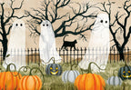 Whimsical ghost greeting card with happy pumpkins, a black cat, and spooky trees under a full moon, perfect for a child's spooky season wishes.