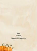 Inside of a cute Halloween card, featuring 'Boo... To You! Happy Halloween' text with illustrative pumpkins, ideal for kids.