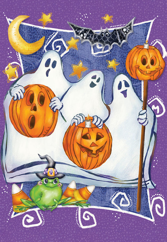 Three Ghosts with Jack-o-Lanterns Halloween Card