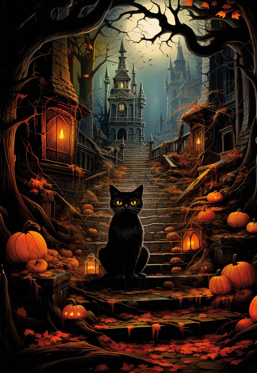 Spooky Black Cat on Pathway to Haunted House Halloween Card