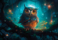 Cute animated owl on glowing branch in mystical teal forest, perfect for a spooky fun greeting.