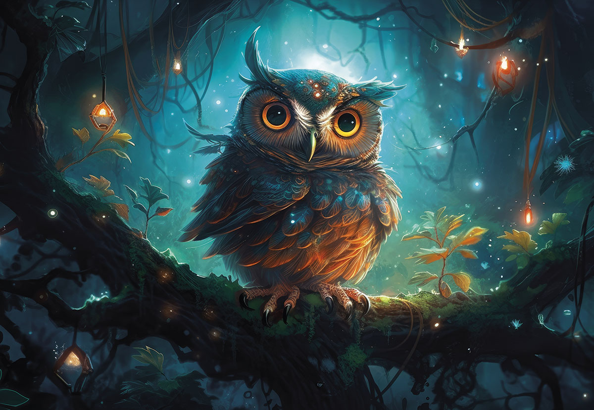 Cute animated owl on glowing branch in mystical teal forest, perfect for a spooky fun greeting.