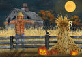 Whimsical Halloween greeting card front featuring a friendly scarecrow in a cornfield, glowing jack-o'-lanterns, a rustic barn, and crows under a full moon at dusk. Perfect for sending cute spooky wishes to a child.