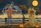 Whimsical Halloween greeting card front featuring a friendly scarecrow in a cornfield, glowing jack-o'-lanterns, a rustic barn, and crows under a full moon at dusk. Perfect for sending cute spooky wishes to a child.