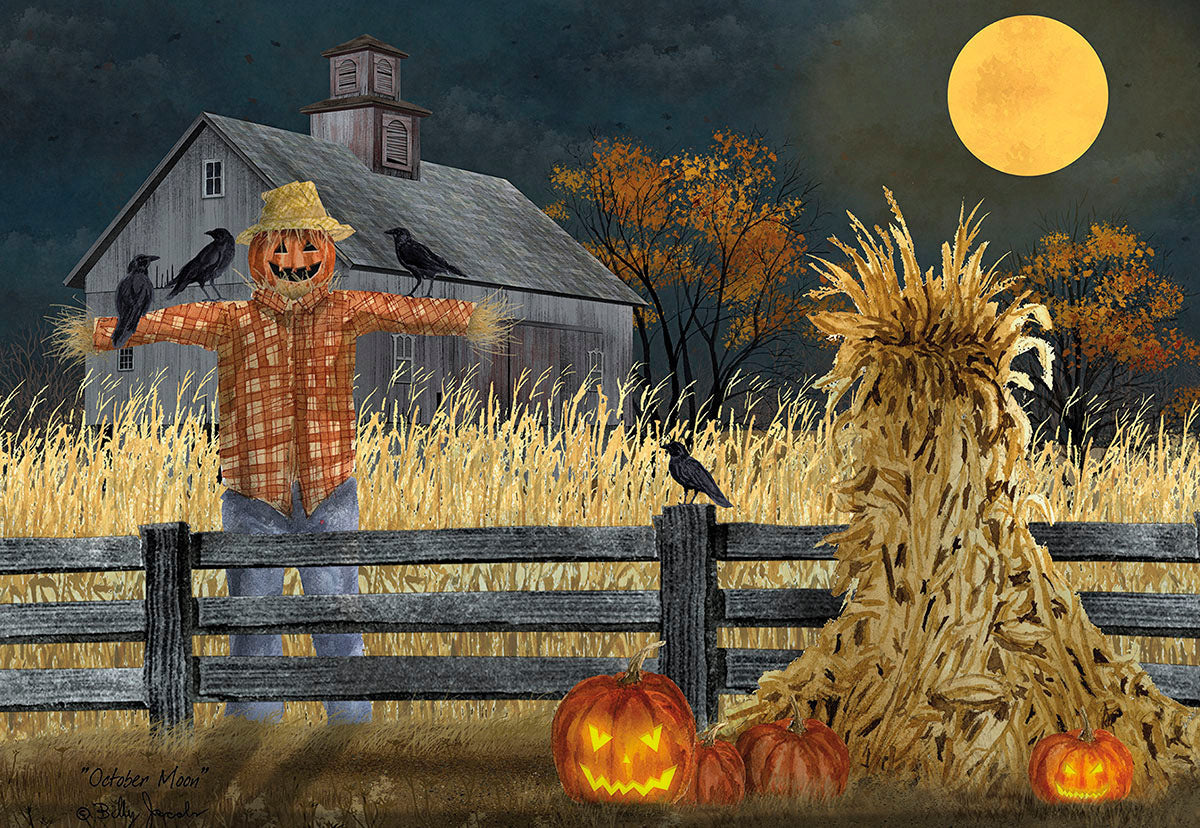 Whimsical Halloween greeting card front featuring a friendly scarecrow in a cornfield, glowing jack-o'-lanterns, a rustic barn, and crows under a full moon at dusk. Perfect for sending cute spooky wishes to a child.